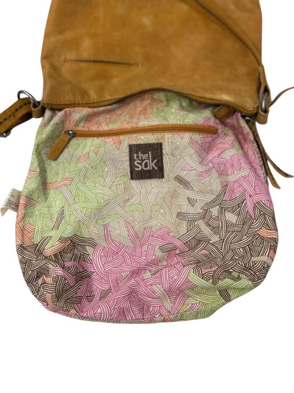 The Sak Camel Brown Leather Peace Sign Design Crossbody Studded Purse Bag 11x11 - Picture 15 of 16